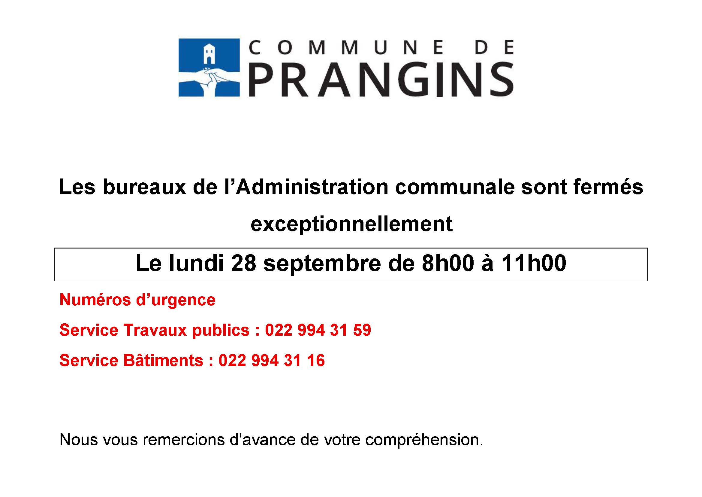 Fermeture bureaux - 28.09.2026